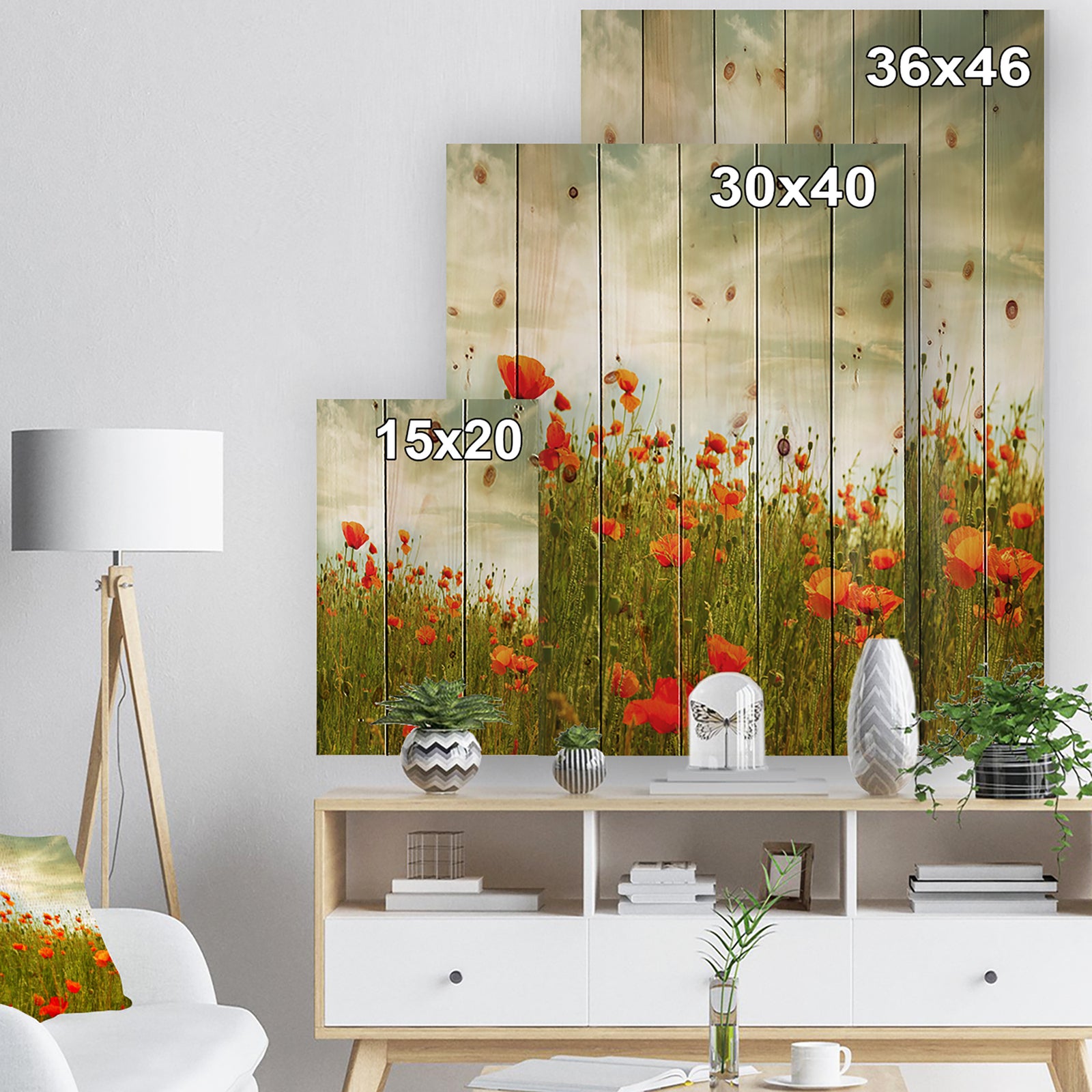 Red Poppy Flowers in Green Field - Floral Print on Natural Pine Wood