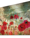 Wild Red Poppy Flowers in Sky - Floral Print on Natural Pine Wood