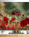 Wild Red Poppy Flowers in Sky - Floral Print on Natural Pine Wood