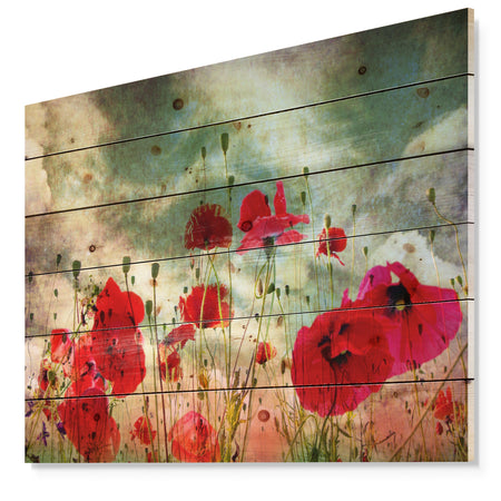 Wild Red Poppy Flowers in Sky - Floral Print on Natural Pine Wood