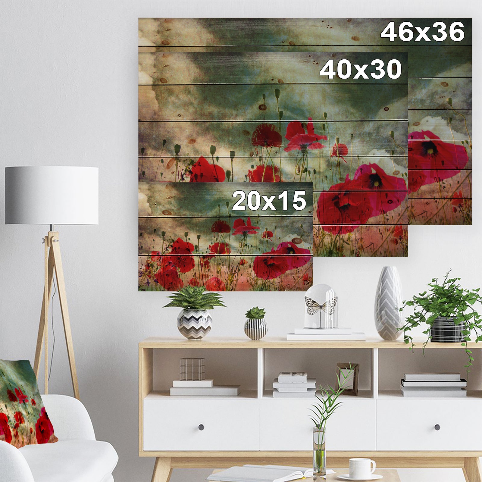 Wild Red Poppy Flowers in Sky - Floral Print on Natural Pine Wood