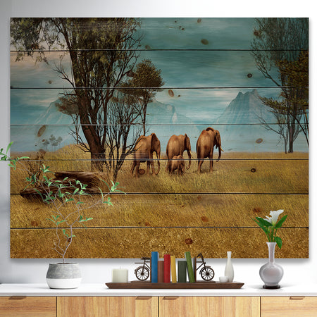 African Elephants Panorama - African Print on Natural Pine Wood