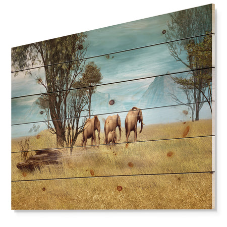 African Elephants Panorama - African Print on Natural Pine Wood