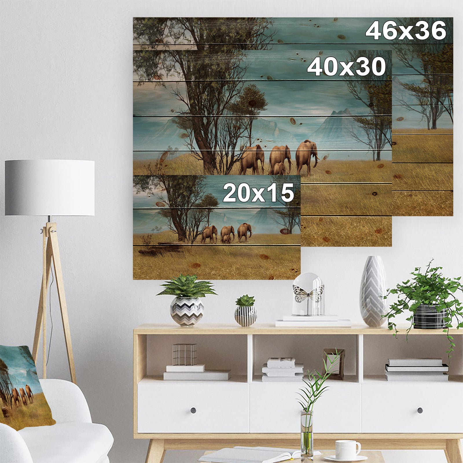 African Elephants Panorama - African Print on Natural Pine Wood