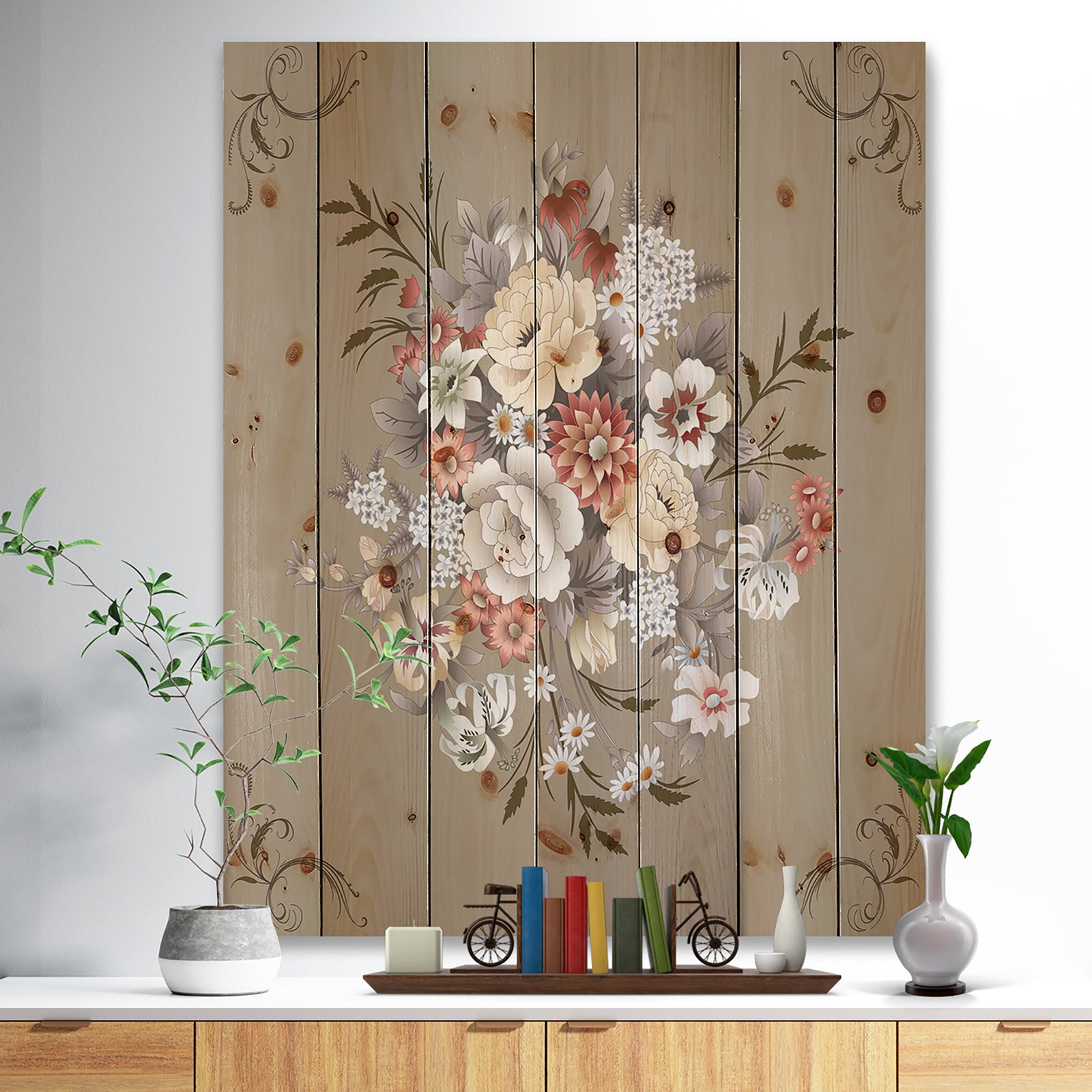 White and Yellow Floral Pattern - Floral Print on Natural Pine Wood