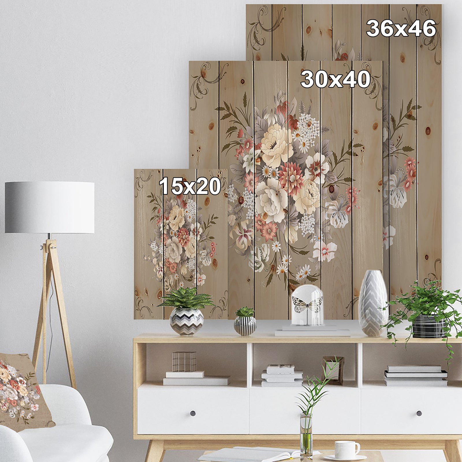 White and Yellow Floral Pattern - Floral Print on Natural Pine Wood