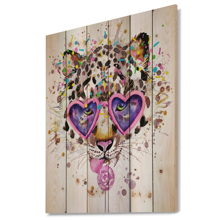 Funny Leopard with Heart Glasses - Animal Print on Natural Pine Wood