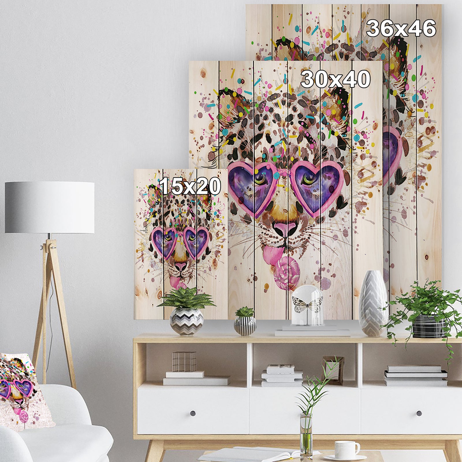 Funny Leopard with Heart Glasses - Animal Print on Natural Pine Wood