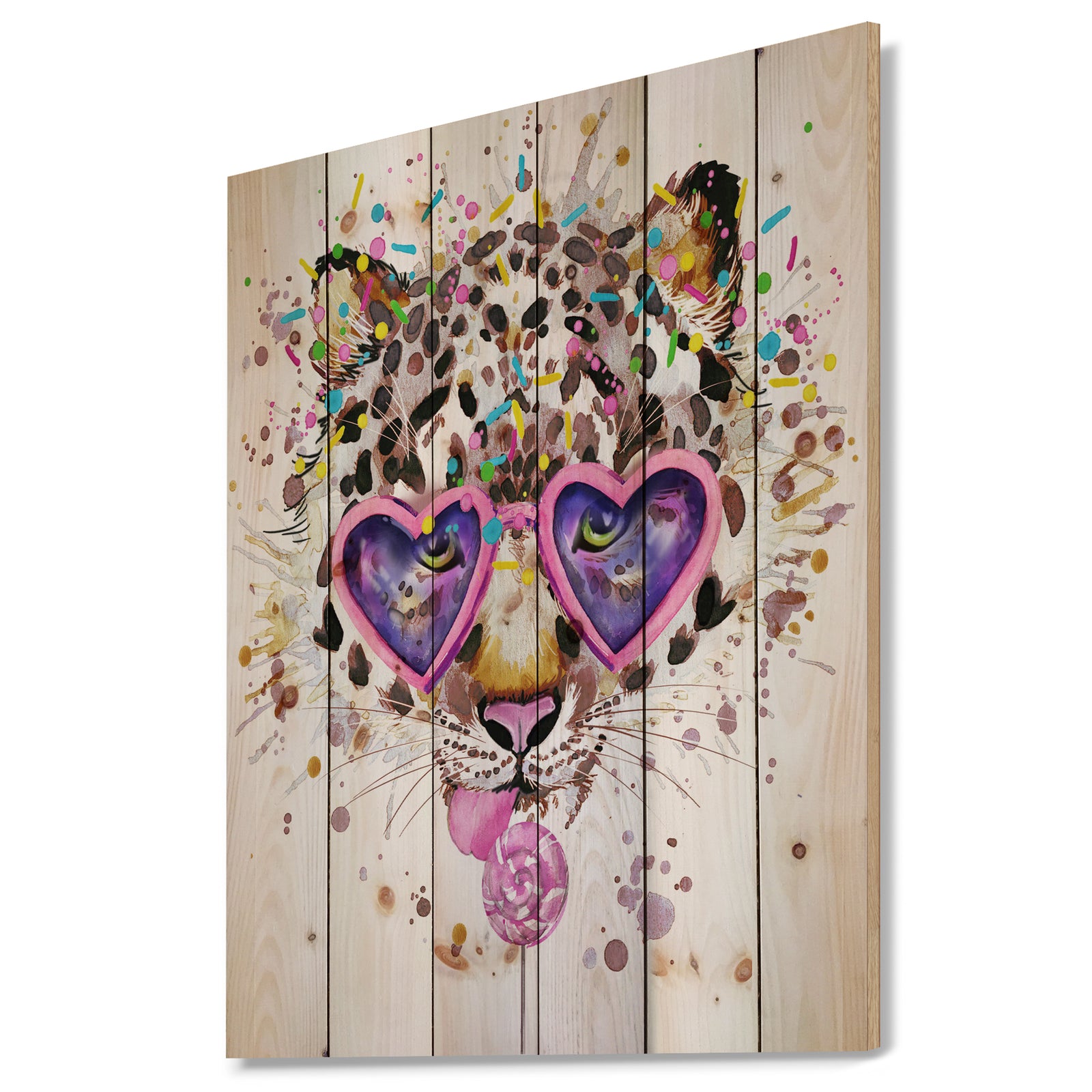 Funny Leopard with Heart Glasses - Animal Print on Natural Pine Wood