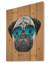 Funny Dog with Blue Glasses - Animal Print on Natural Pine Wood