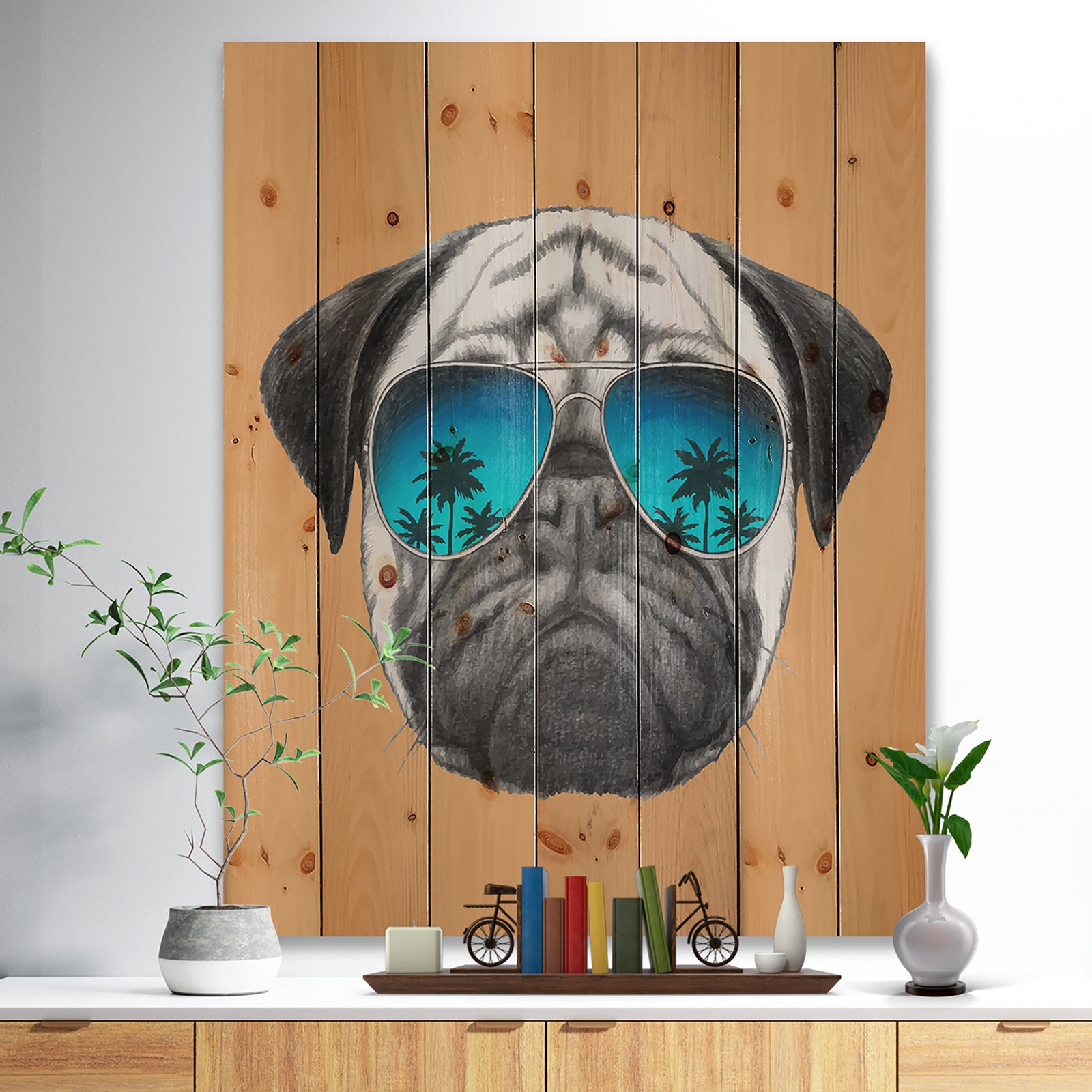Funny Dog with Blue Glasses - Animal Print on Natural Pine Wood