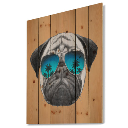Funny Dog with Blue Glasses - Animal Print on Natural Pine Wood