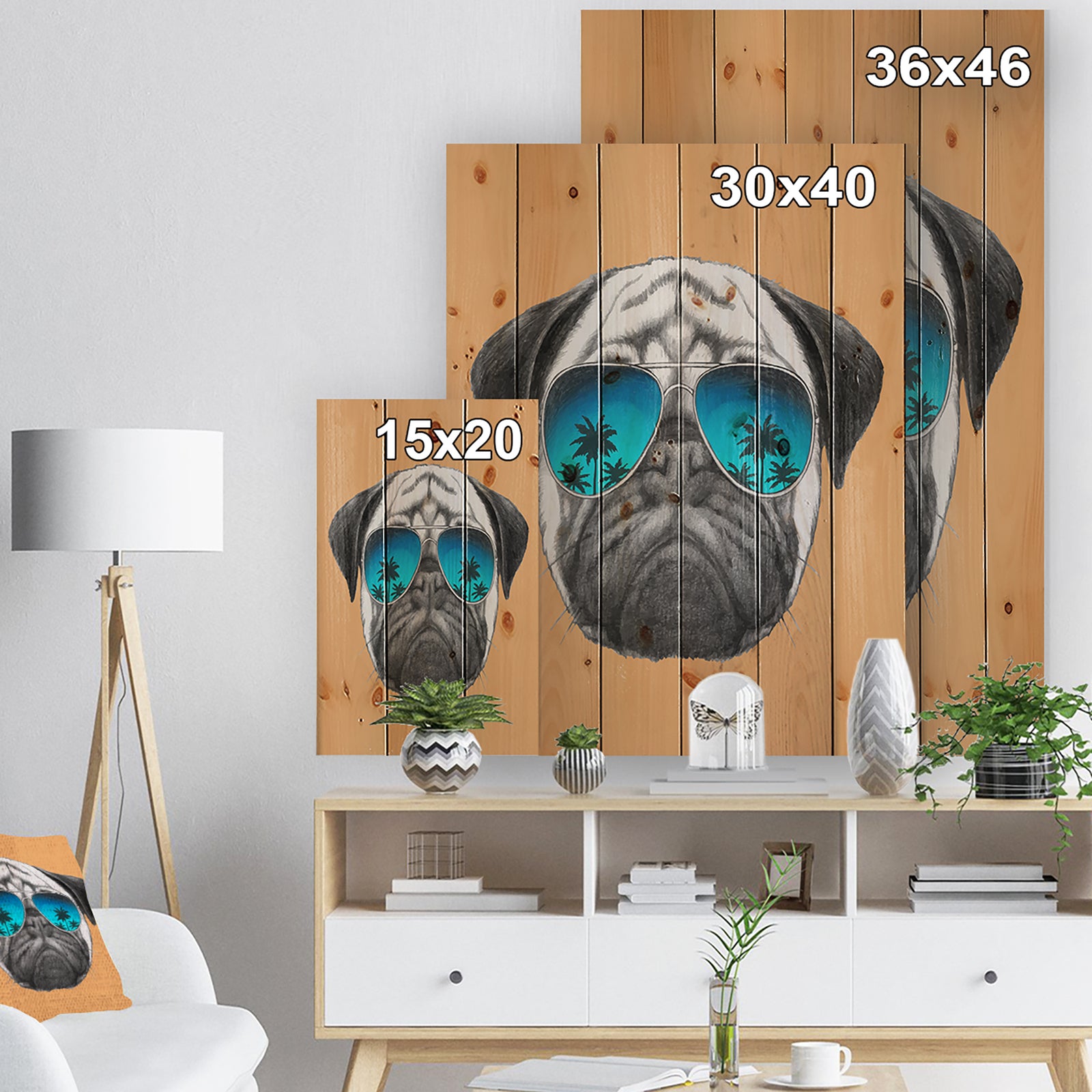 Funny Dog with Blue Glasses - Animal Print on Natural Pine Wood
