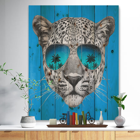 Leopard with Mirror Sunglasses - Animal Print on Natural Pine Wood