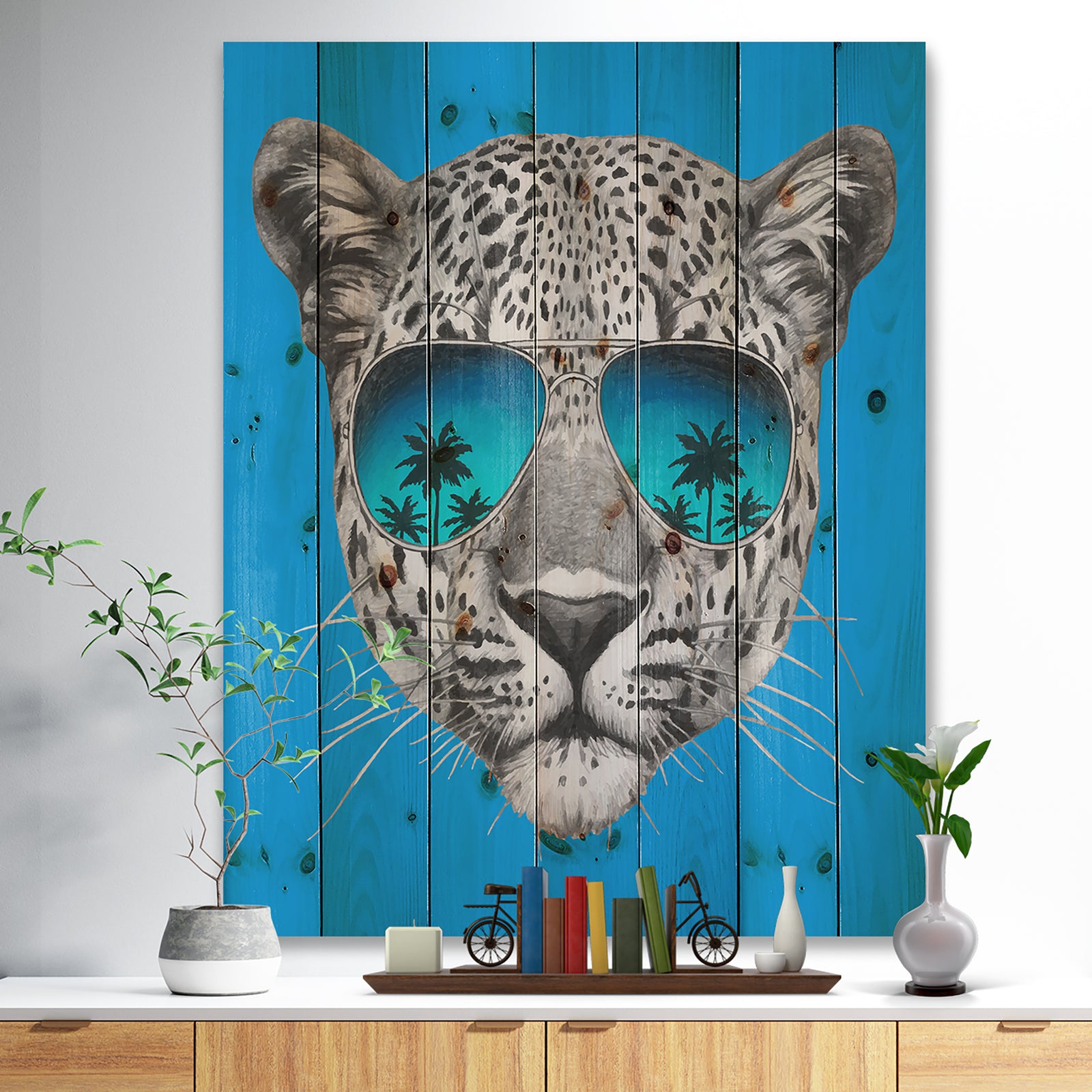 Leopard with Mirror Sunglasses - Animal Print on Natural Pine Wood