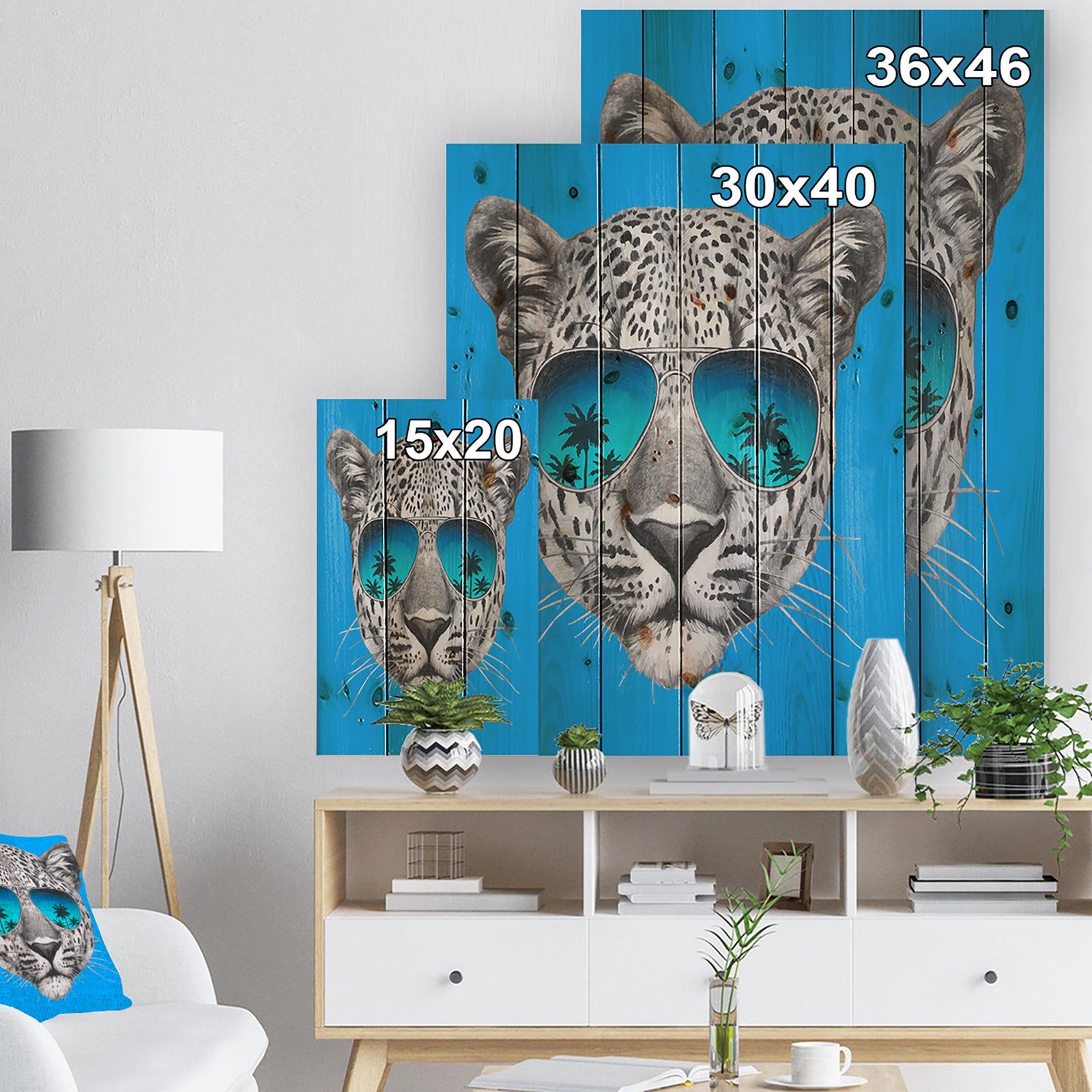 Leopard with Mirror Sunglasses - Animal Print on Natural Pine Wood