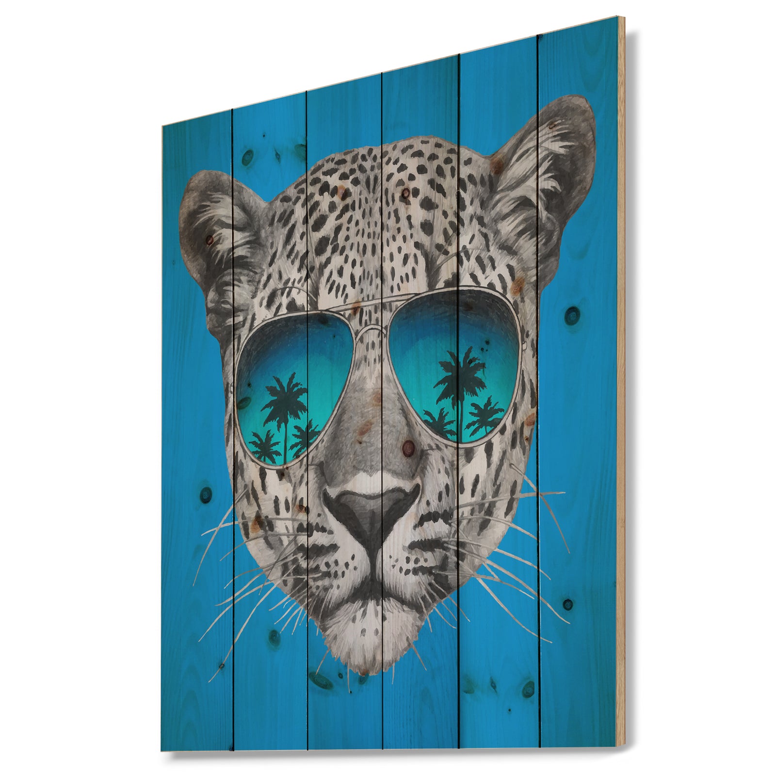 Leopard with Mirror Sunglasses - Animal Print on Natural Pine Wood
