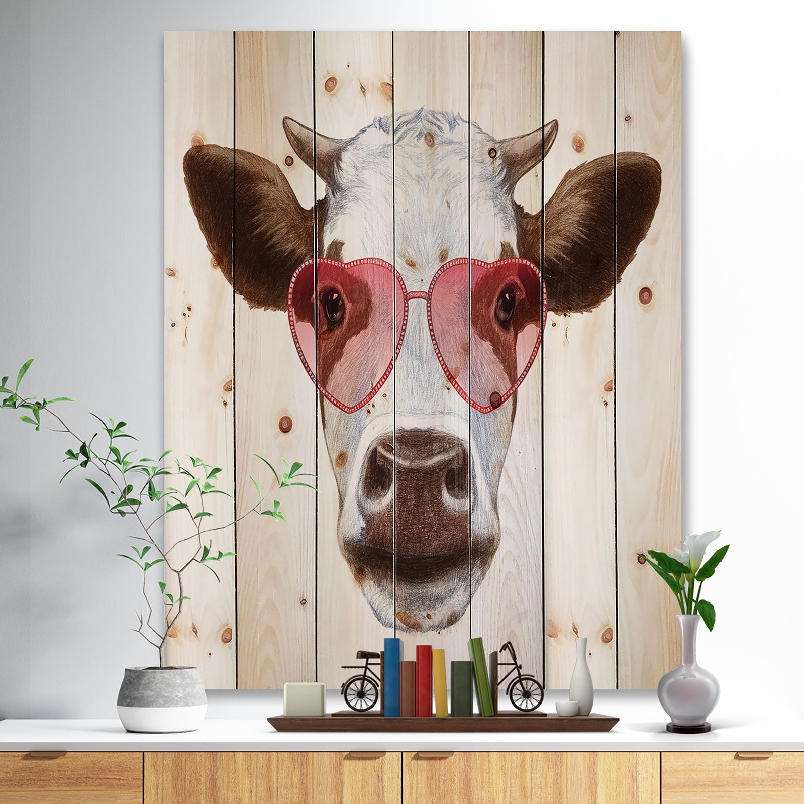 Cow with Red Heart Glasses - Animal Print on Natural Pine Wood