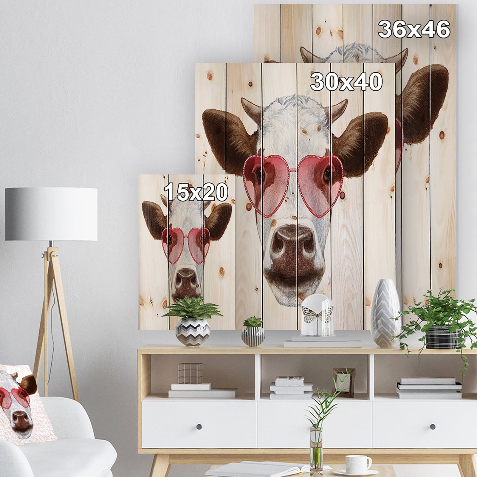 Cow with Red Heart Glasses - Animal Print on Natural Pine Wood