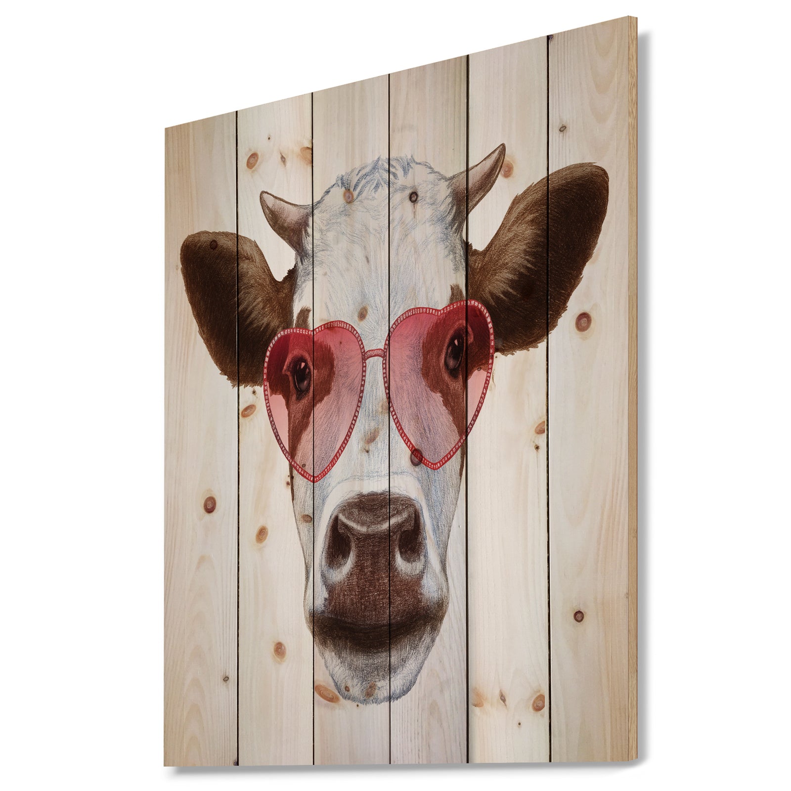 Cow with Red Heart Glasses - Animal Print on Natural Pine Wood