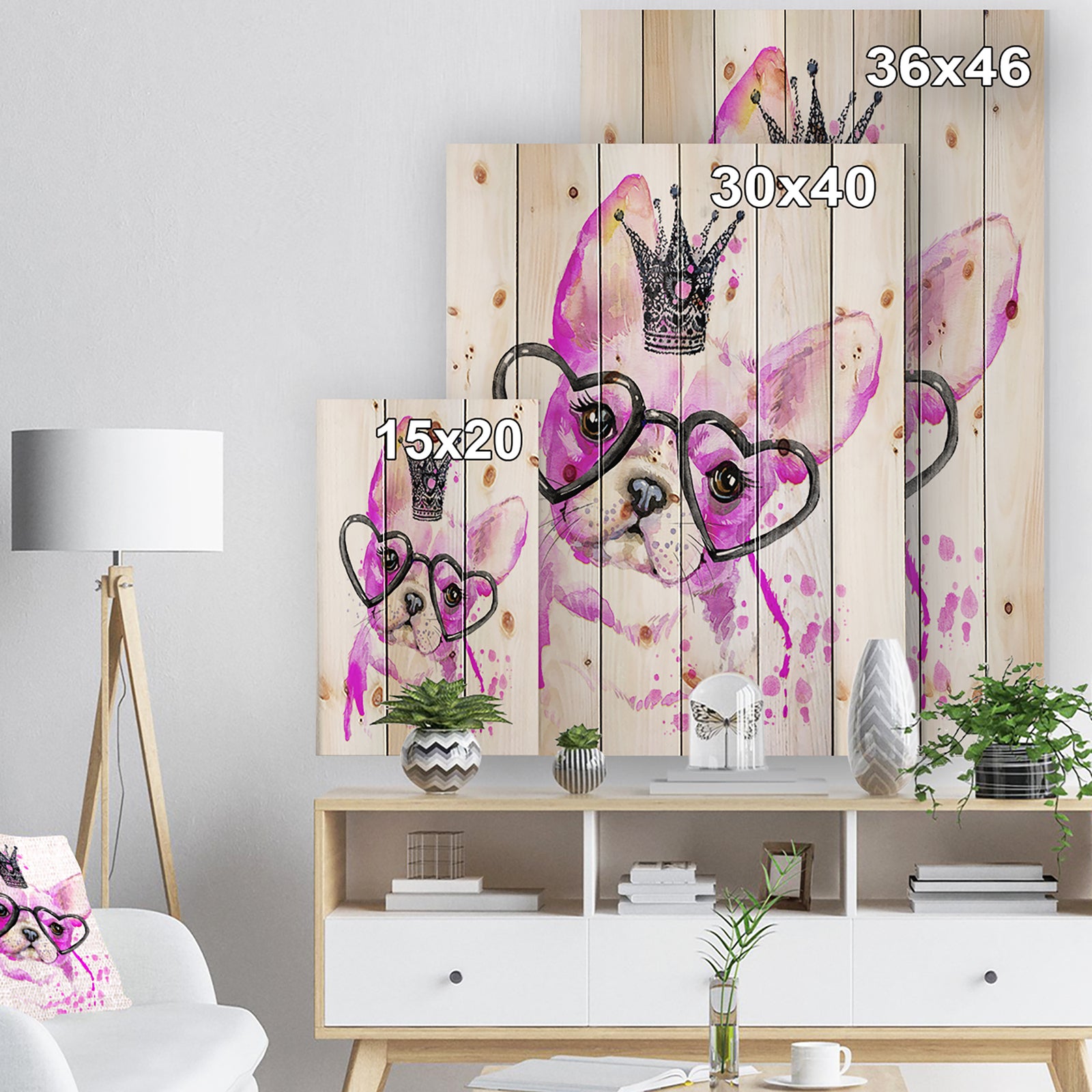 Cute Pink Dog with Heart Glasses - Contemporary Animal Print on Natural Pine Wood