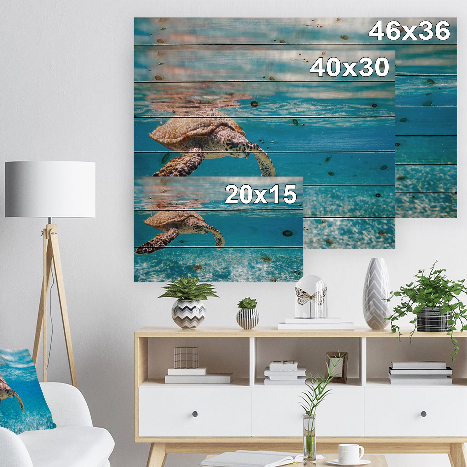 Large Hawksbill Sea Turtle - Abstract Print on Natural Pine Wood