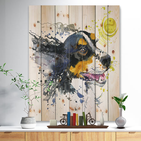 Dog and Yellow Ball Watercolor - Abstract Print on Natural Pine Wood