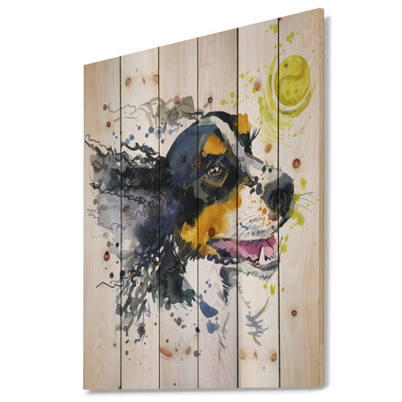 Dog and Yellow Ball Watercolor - Abstract Print on Natural Pine Wood