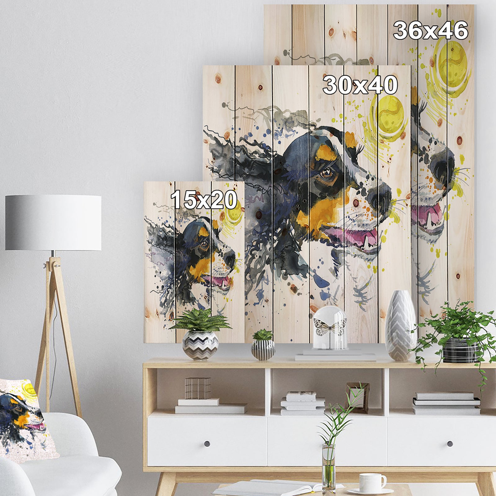 Dog and Yellow Ball Watercolor - Abstract Print on Natural Pine Wood