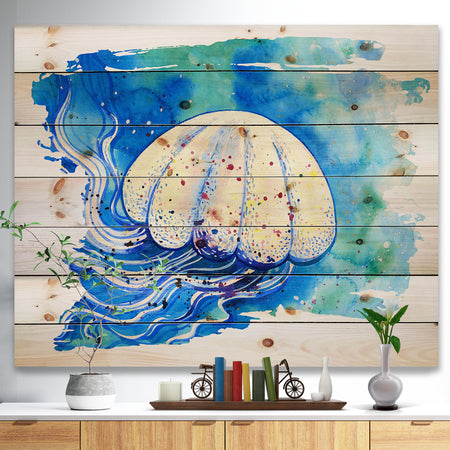 Jellyfish Watercolor Painting - Abstract Print on Natural Pine Wood
