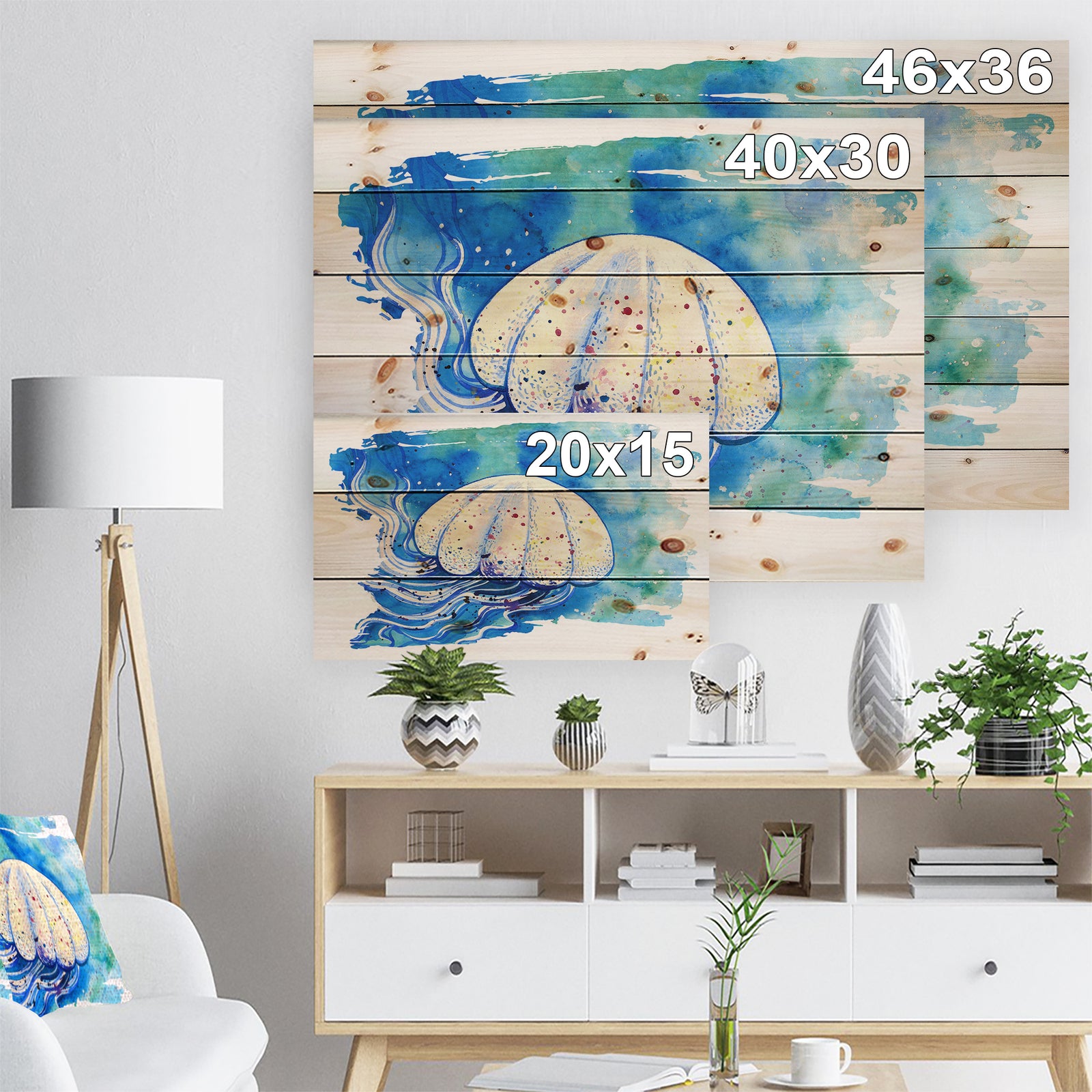 Jellyfish Watercolor Painting - Abstract Print on Natural Pine Wood