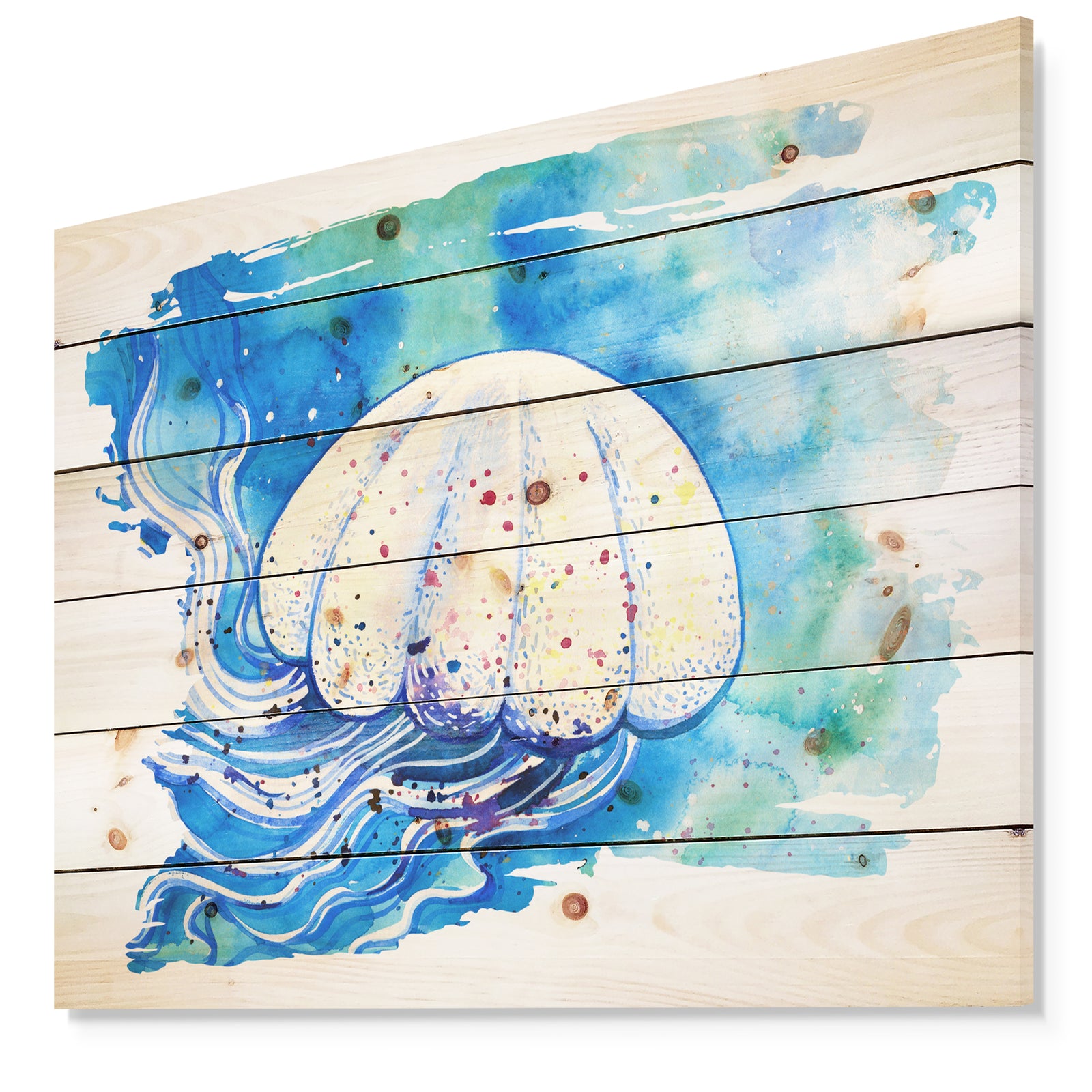 Jellyfish Watercolor Painting - Abstract Print on Natural Pine Wood