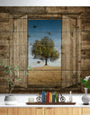 Window Open To Solitary Tree - Farmhouse Print on Natural Pine Wood
