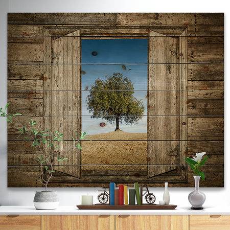 Window Open To Solitary Tree - Farmhouse Print on Natural Pine Wood