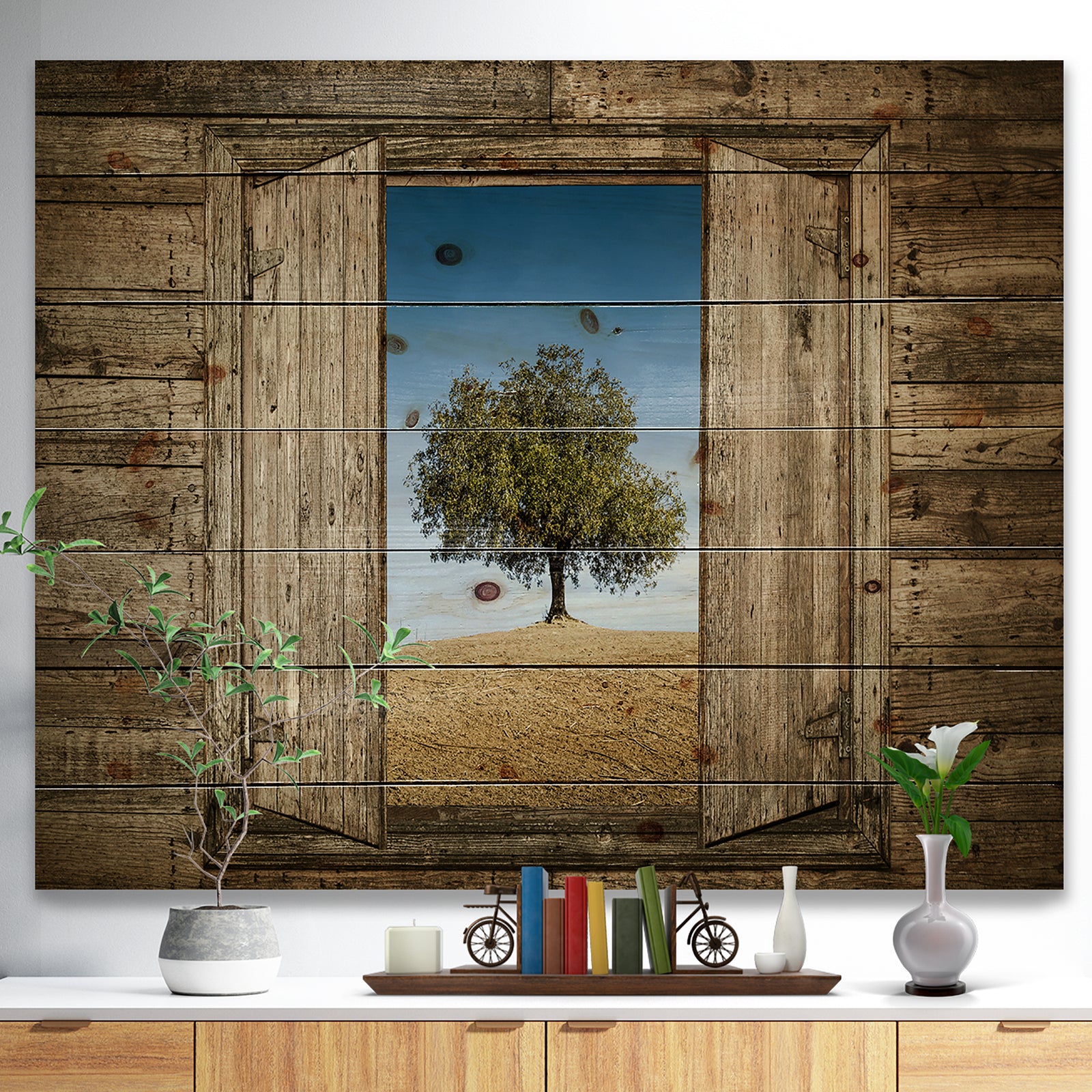 Window Open To Solitary Tree - Farmhouse Print on Natural Pine Wood