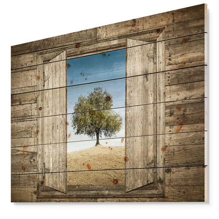Window Open To Solitary Tree - Farmhouse Print on Natural Pine Wood