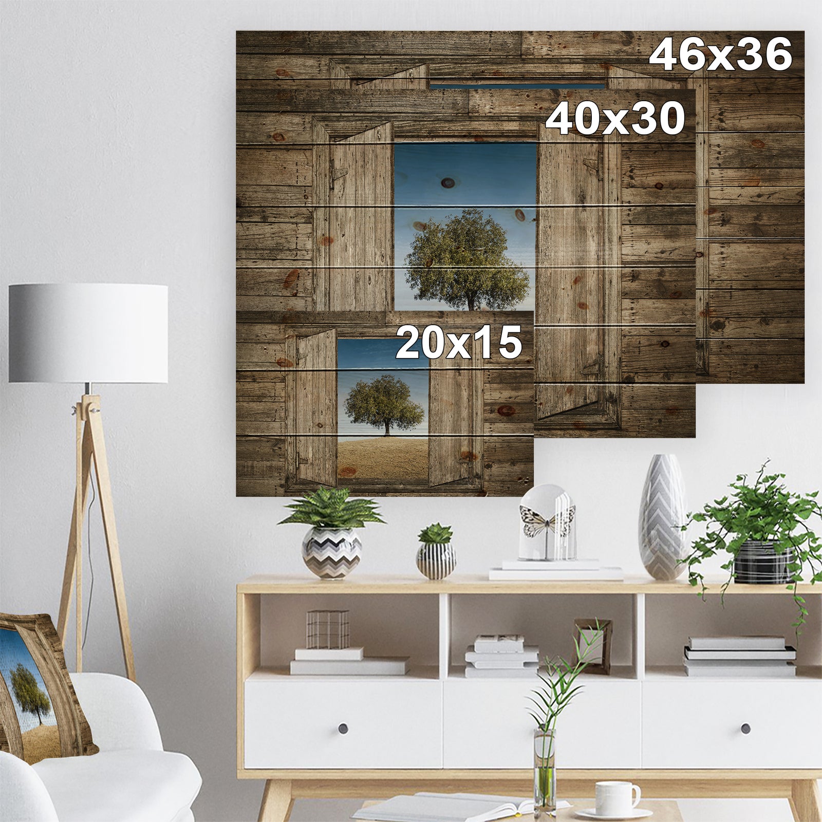 Window Open To Solitary Tree - Farmhouse Print on Natural Pine Wood