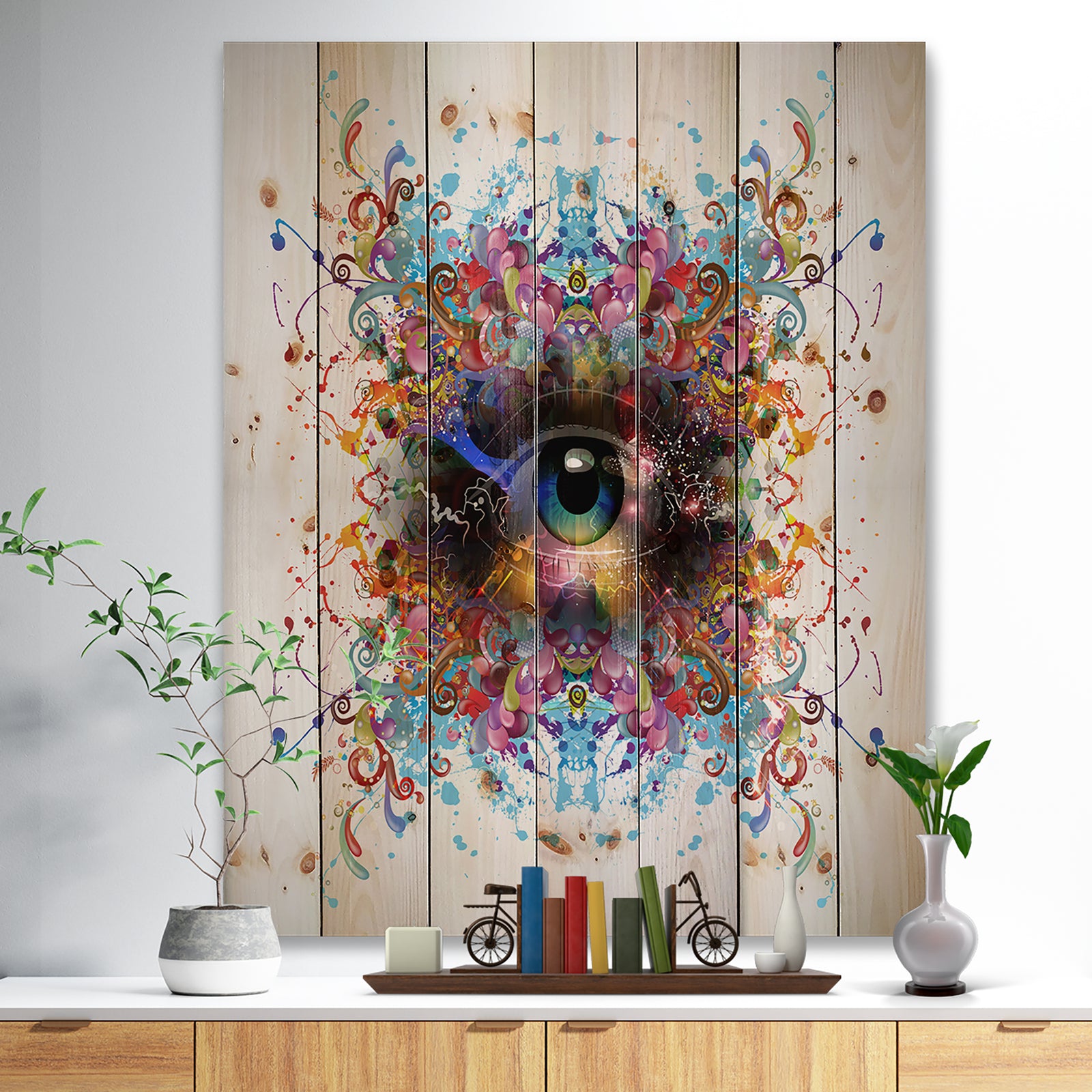 Magic Eye with Flowers - Animal Print on Natural Pine Wood