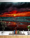 Red Sunset over Blue Waters - Seascape Print on Natural Pine Wood