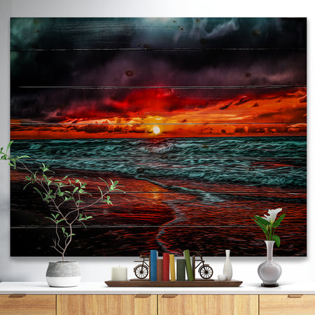 Red Sunset over Blue Waters - Seascape Print on Natural Pine Wood