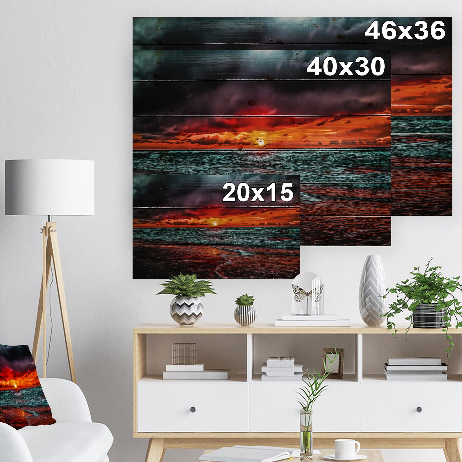 Red Sunset over Blue Waters - Seascape Print on Natural Pine Wood