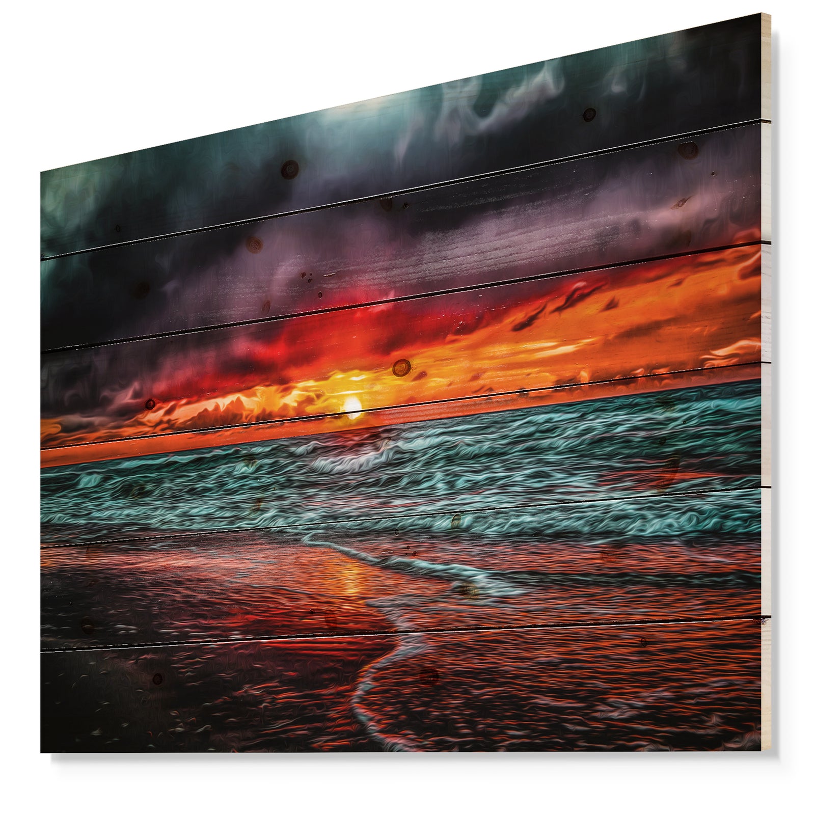 Red Sunset over Blue Waters - Seascape Print on Natural Pine Wood