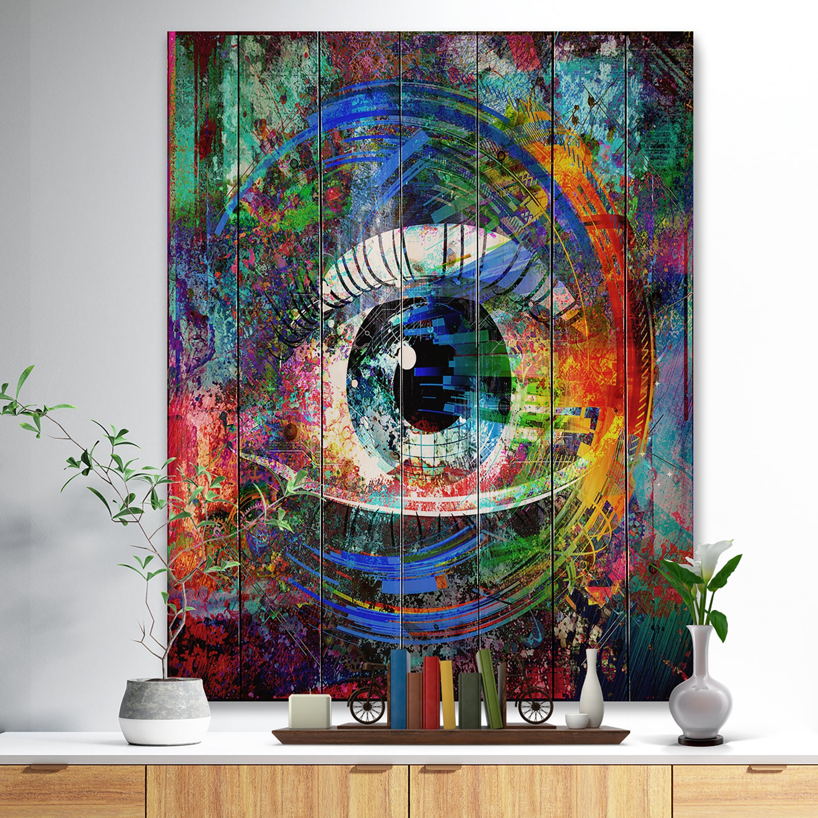 Magic Eye over Abstract Design - Abstract Print on Natural Pine Wood