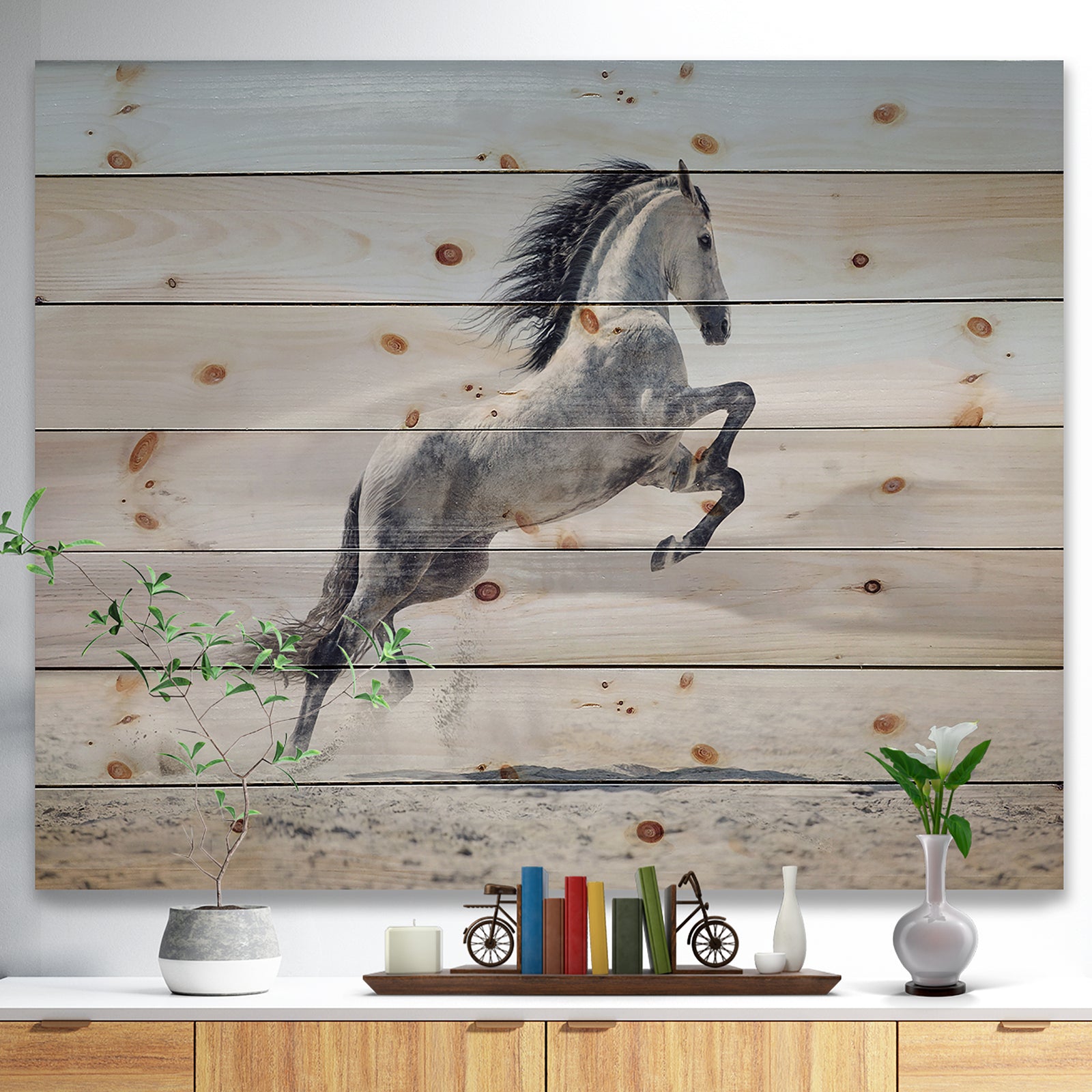 Galloping White Horse - Animal Print on Natural Pine Wood