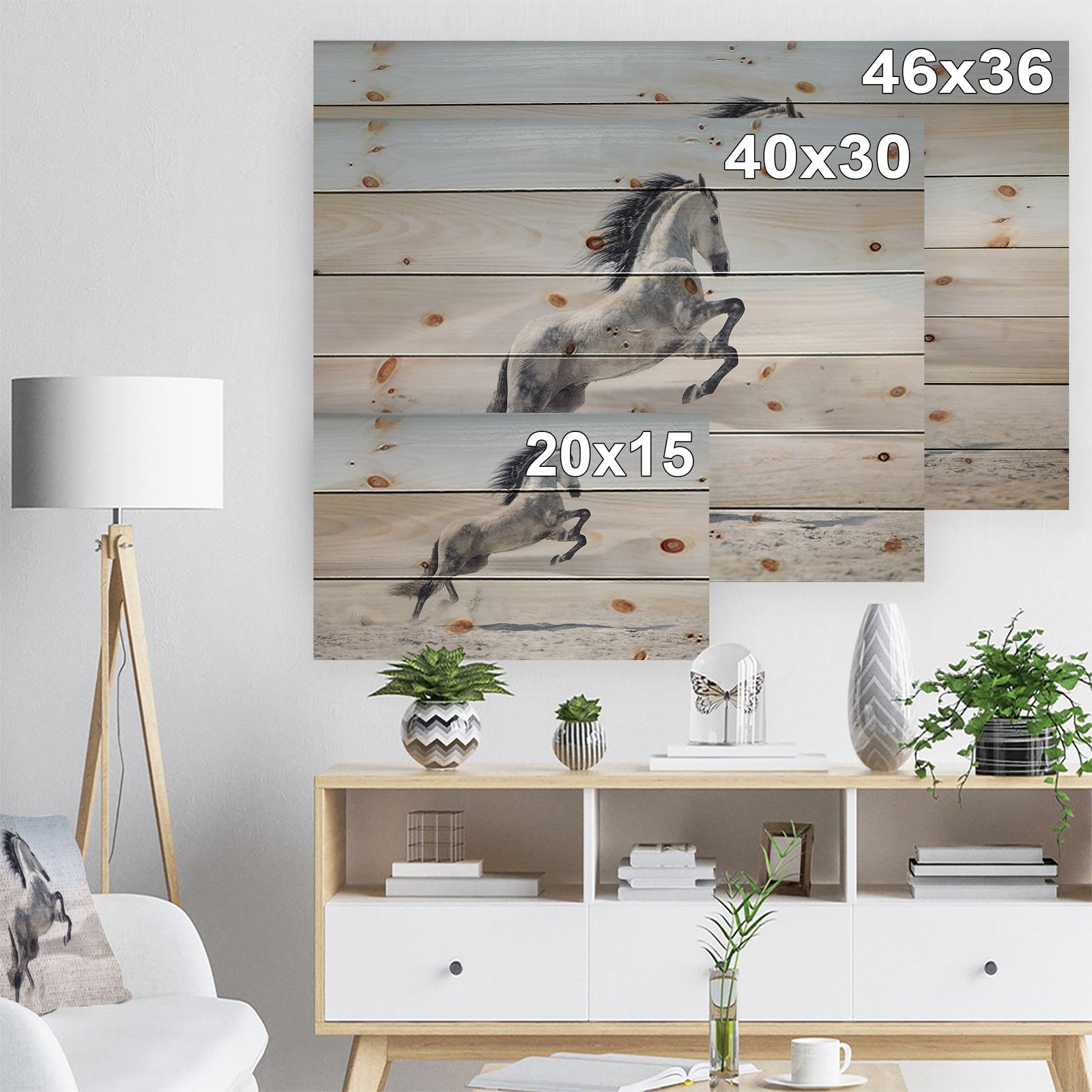 Galloping White Horse - Animal Print on Natural Pine Wood