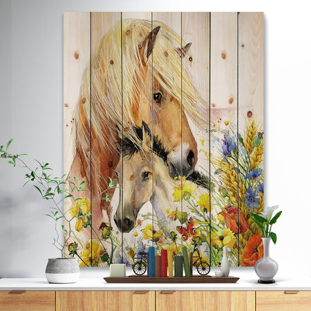 Horse and Foal with Meadow - Animal Print on Natural Pine Wood