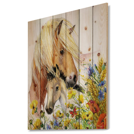 Horse and Foal with Meadow - Animal Print on Natural Pine Wood
