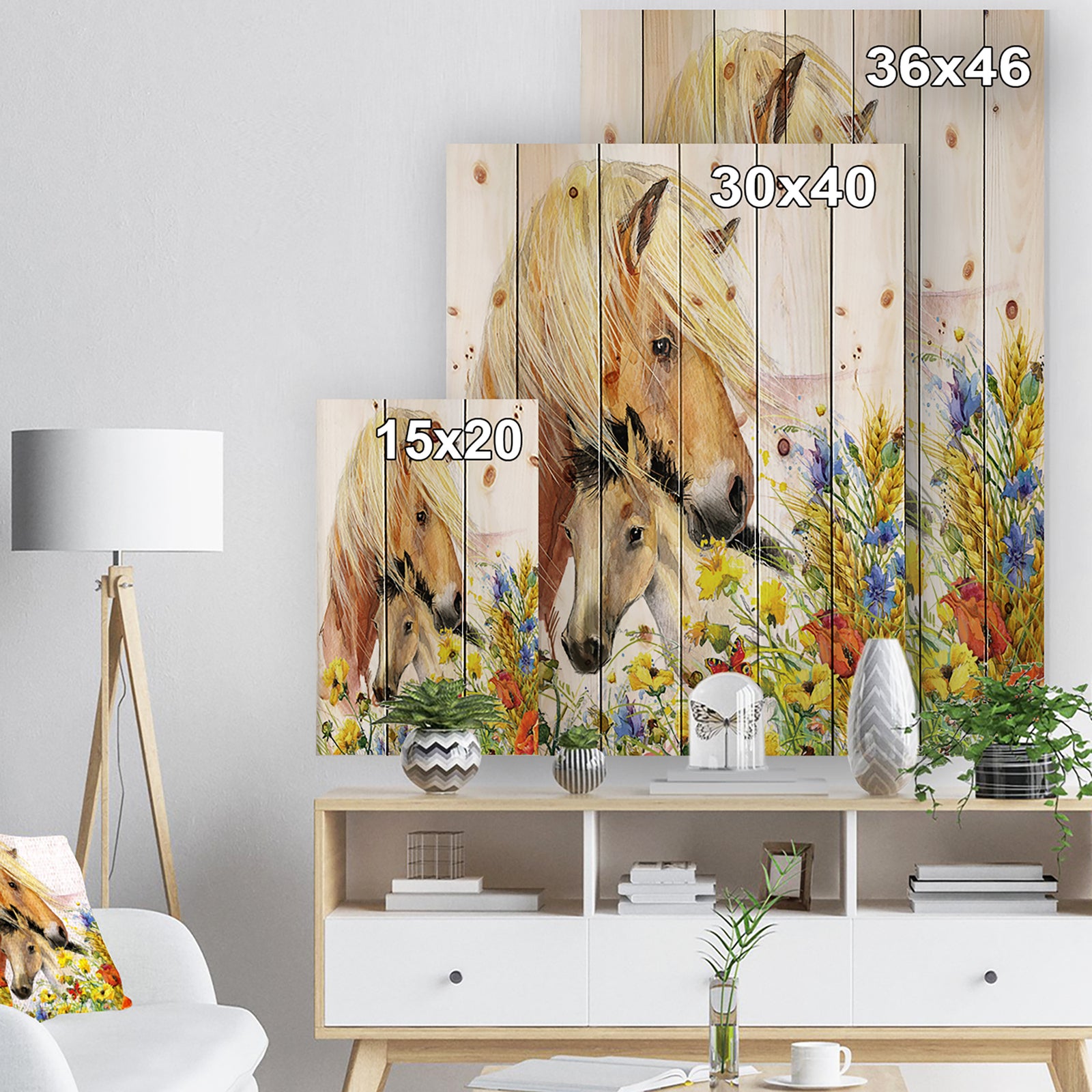 Horse and Foal with Meadow - Animal Print on Natural Pine Wood