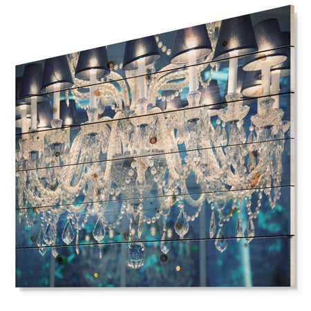 Blue Vintage Crystal Chandelier - Modern Print on Natural Pine Wood