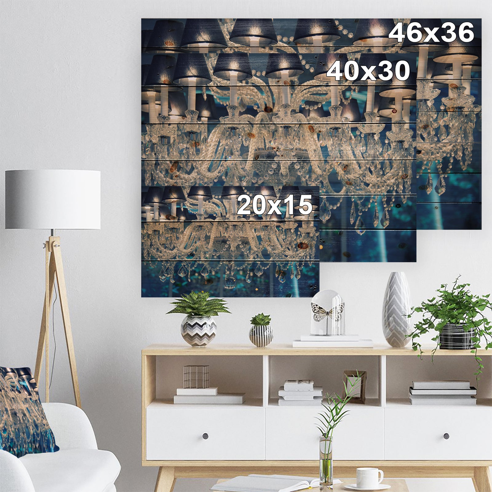 Blue Vintage Crystal Chandelier - Modern Print on Natural Pine Wood